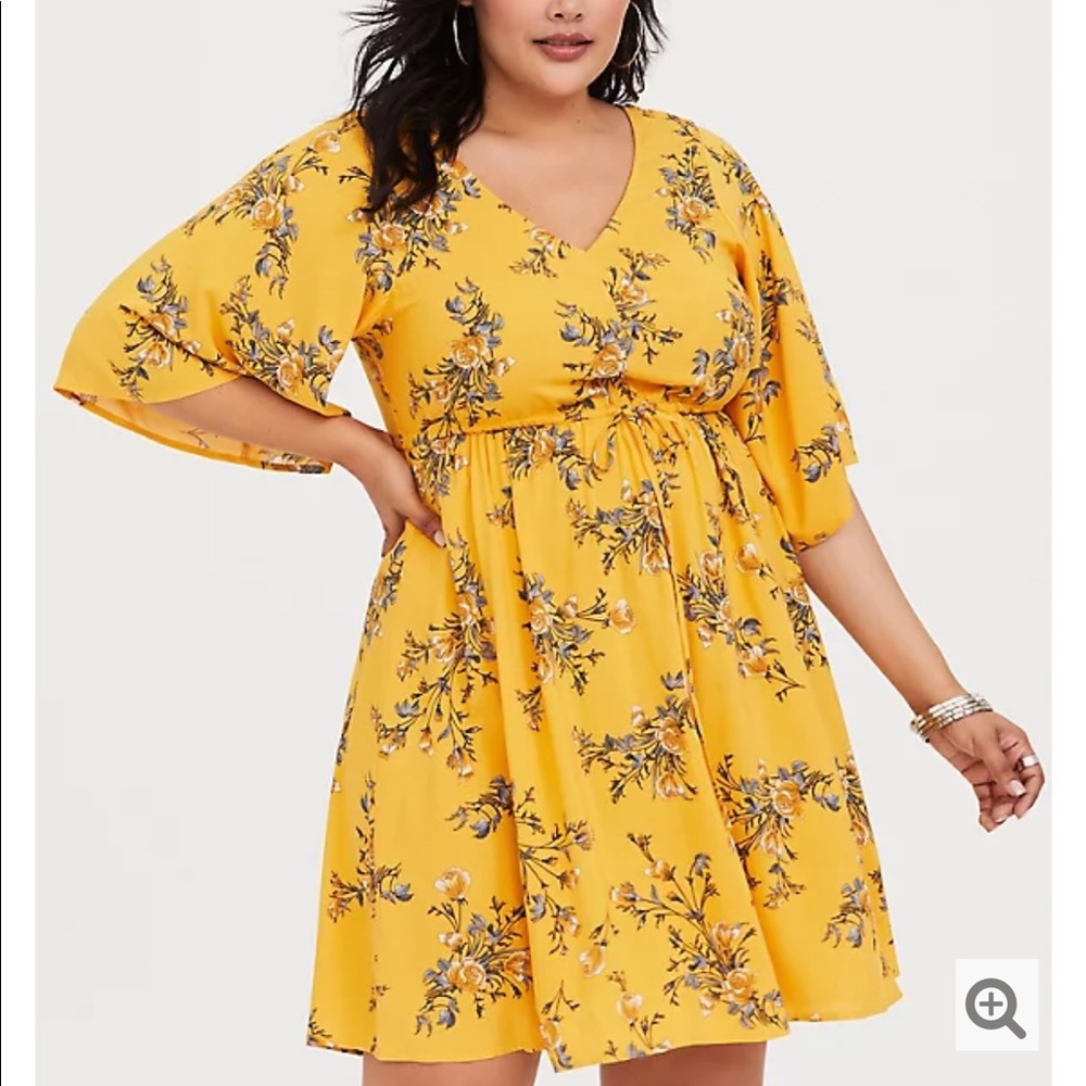 YELLOW FLORAL KIMONO SLEEVE STRAPPY CHALLIS DRESS
